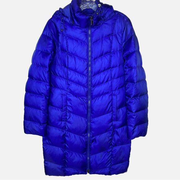 Land’s End Long Quilted Puffer Jacket with Snap on Hood - ROYAL BLUE - Picture 1 of 7